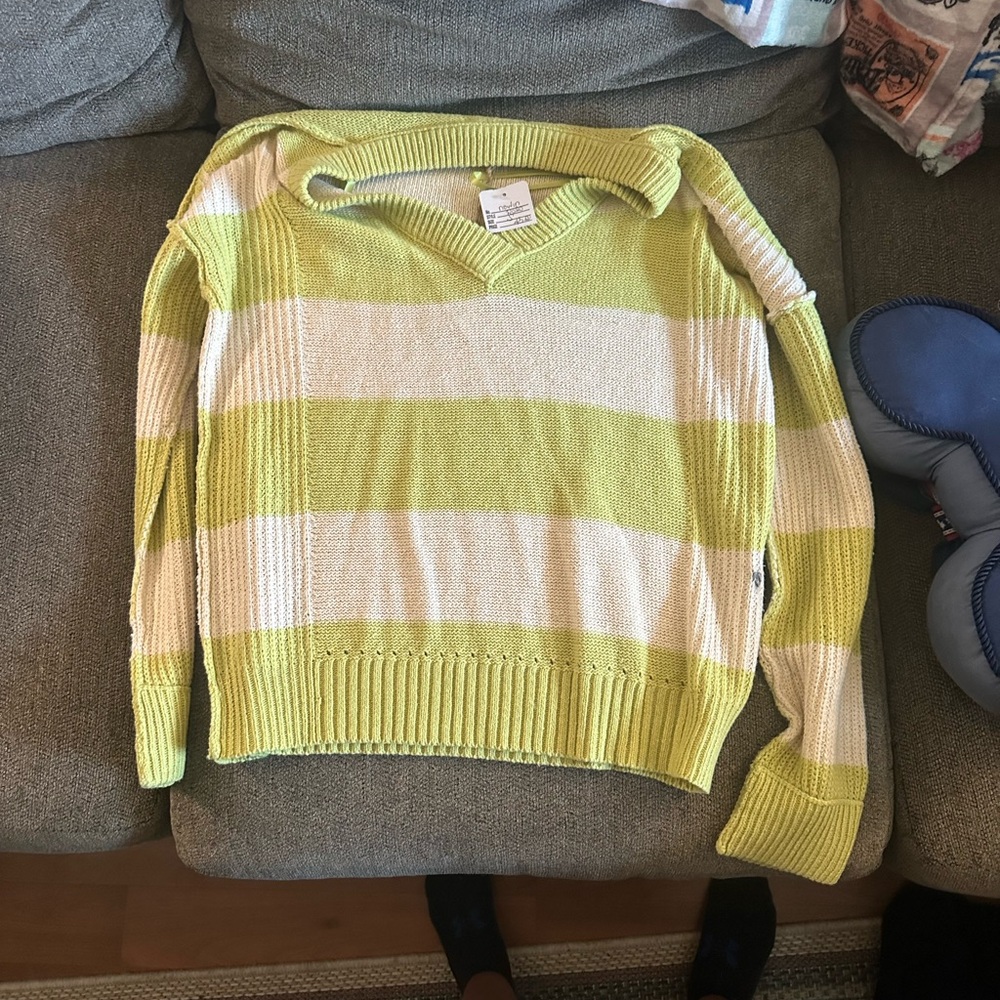 Lime and White V-Neck Women's Sweater